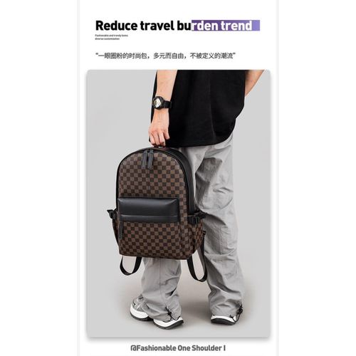 Brown & Black Checkered Backpack for Men - Monogram Pattern Designer Style Casual & Travel Backpack with Leather Trim, Front Pocket & Top Handle, Streetwear