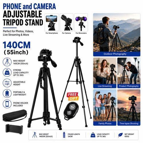 Adjustable Phone & Camera Tripod Stand with Bluetooth Remote & Phone Holder Portable Aluminum Tripod for Photography, Video Recording & Live Streaming