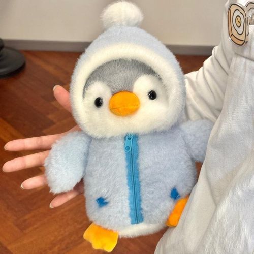 Cuddly Penguin Plushie in Designer Fleece Zip-Up Hoodie – Soft Kawaii Dress-Up Stuffed Animal - Ice Blue