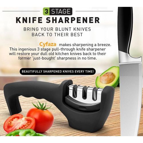 3-Stage Kitchen Knife Sharpener + Cut Resistant Safety Glove Set – Blade Repair, Restore & Polish Tool