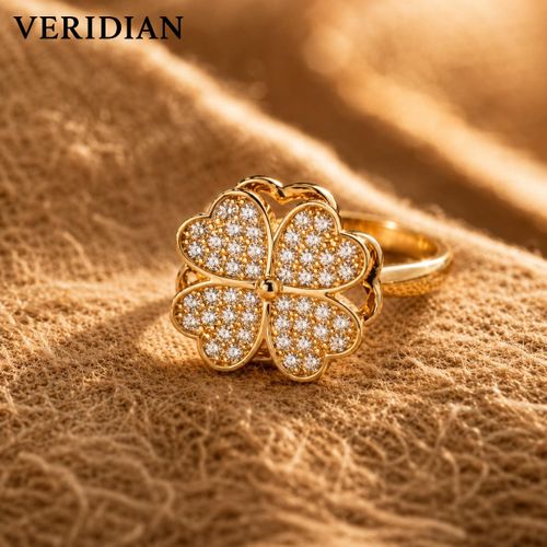 VERIDIAN Heart Four Leaf Clover Spinner Fidget Anxiety Ring Adjustable 18K Gold Plated Cubic Zirconia Lucky Jewelry for Women