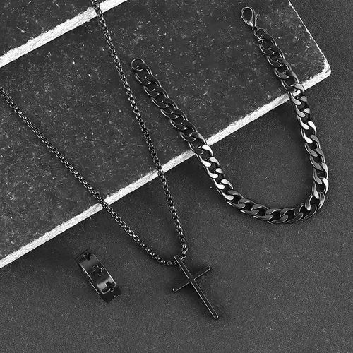 3Pcs Men's black Stainless Steel Jewelry Set: Cross Necklace, Bracelet & Ring