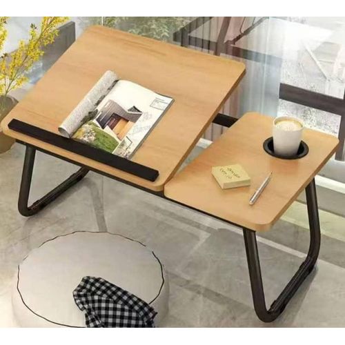 Adjustable Folding Laptop Desk with Tilting Top and Cup Holder - Brown
