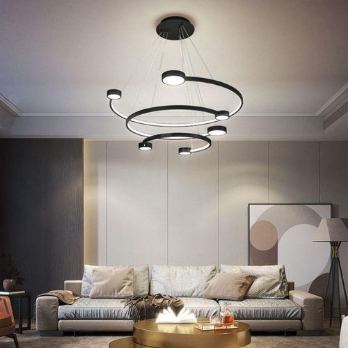 Luxury Modern LED Spiral Chandelier – Multi-Ring Hanging Pendant Ceiling Light, Adjustable Height, Black Finish – Perfect for Living Room & Dining Area