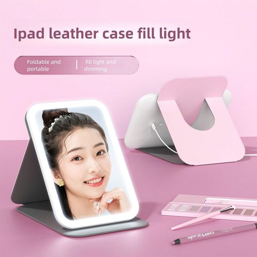 Factory-made makeup mirror with light, leather case, foldable vanity-style desktop portable LED makeup mirror for girls, 800mAh