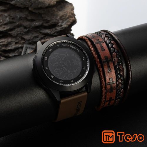 Men's Digital Watch Waterproof Rubber Strap + Men's Bracelet - Brown