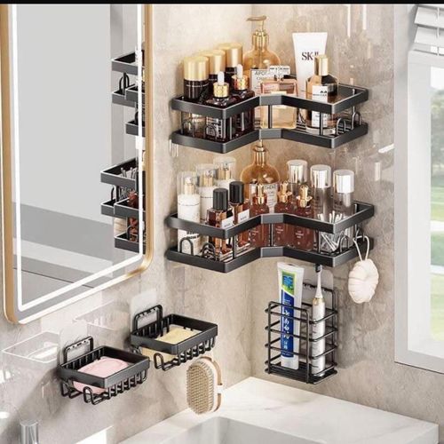 5-in-1 bathroom corner shower caddy and organizer set with adhesive wall mounts.