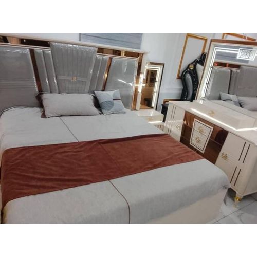 Exclusive 6x6 Complete Bed Frame Set - High Gloss Headboard With Golden Trim + 2 Bedside Drawers + Dressing Table With LED Light Mirror - Cream Grey & Rose Gold
