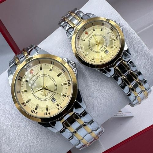 Super Rugged Classical Solid Steel Gold/ Silver Chain WristWatch For Couple