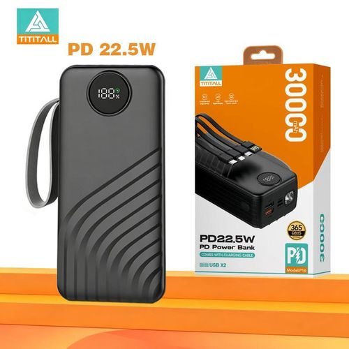 30000mAh Portable Power Bank Built-in 4 Charging Cables Bidirectional Fast Charging External Battery Pack with LED Flashlight High Capacity Powerbank for iPhone Android