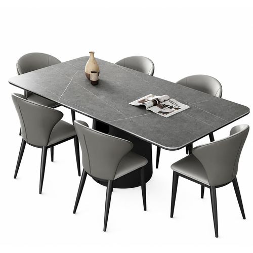 Modern 6-Seater Dining Table Set – Premium Grey Sintered Stone Top, Upholstered Chairs & Heavy-Duty Metal Pedestal Base