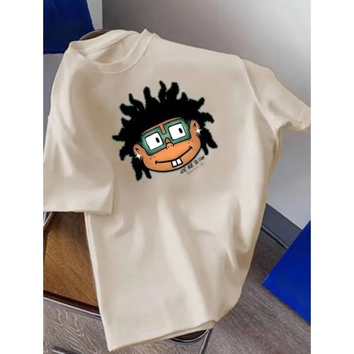 Y2k Casual Crew Neck Cartoon Expressions T-Shirt-Cream