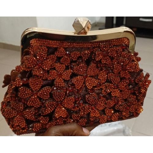 Brown Floral Crystal Clutch Bag - 3D Evening Purse - Kiss Lock Wedding Bag for Women
