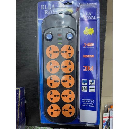 10 in 1 Plug Extension Socket With 3 USB Port - Fireproof Material & Safety Shutter.