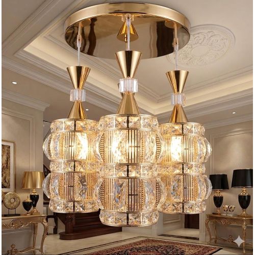 Regal Cascade Luxe: 3-Light Imperial Gold Crystal Cylinder Chandelier