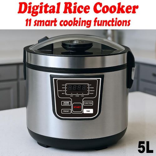 Multifunctional rice cooker, 11 preset cooking options, 5 liters water capacity, up to 12 cups of rice, with non stick inner pot, 24-hour delay timer and automatic keep warm function, with BS plug