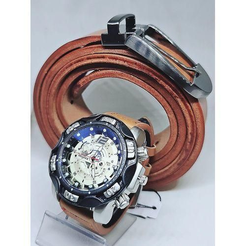 Men Solid Brown Leather Wristwatch + Belt