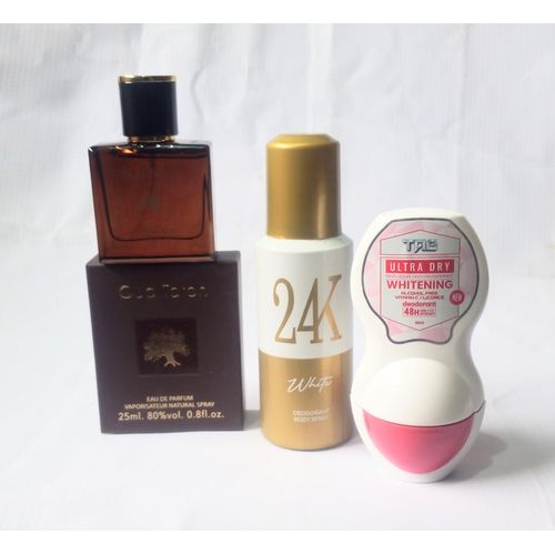 Perfume Gift Set Combo 3 in 1 of Oud Torch Mini EDP 25ml, 24KWhite Body Spray 100ml and Tag White Roll On 50ml (Unisex complete package), NAFDAC Number: EDP: A2-6497, Spray: A2-104376L, Roll On: A2-105061