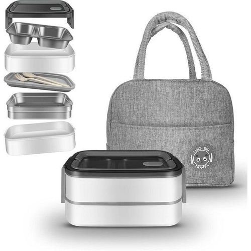 Leak-Proof Double-Layered Adult Lunch Box (Includes Lunch Bag and Cutlery), Microwavable - White