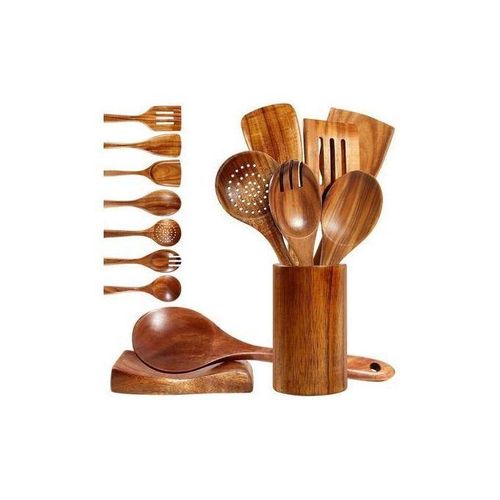 6pcs Wooden Cooking Spoon Set With Rest Holder