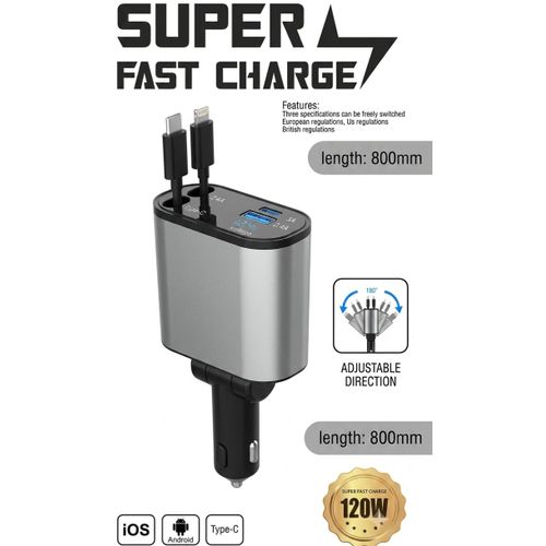 4-in-1 Car Charger, Retractable Cable, 120W Fast ChargeBuilt-in Lightning & Type-C cables, 2.4A USB, 3A Type-C port, voltage display, 180° swiveling plug