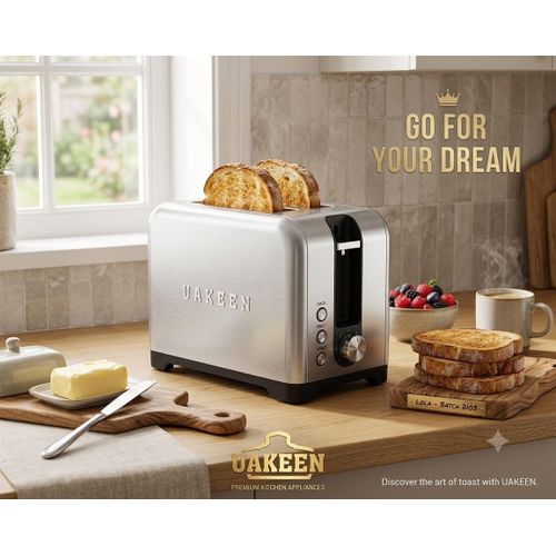 UAKEEN 2 Slice Stainless Steel Bread Toaster – Automatic Pop-Up Toaster with Adjustable Browning Control
