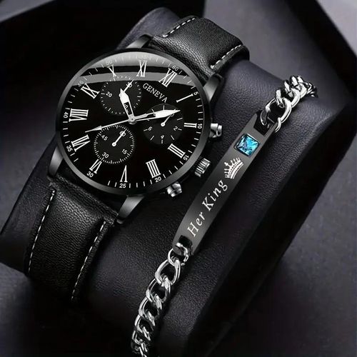 2PCS/Set Men's Quartz Watch Set Trend Digital Scale Dial Quartz Watch Bracelet Jewelry Set Suitable for Festival Gifts