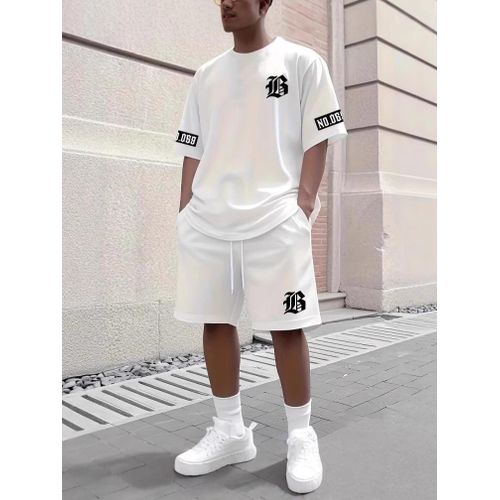 Sports Short Sleeve T-Shirt & Shorts Set ,Comfy Casual Outfit - 2 Piece - White