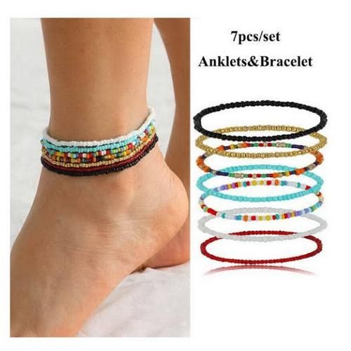 7PCS Anklets & Bracelets Set – Adjustable Beaded Jewelry for Women