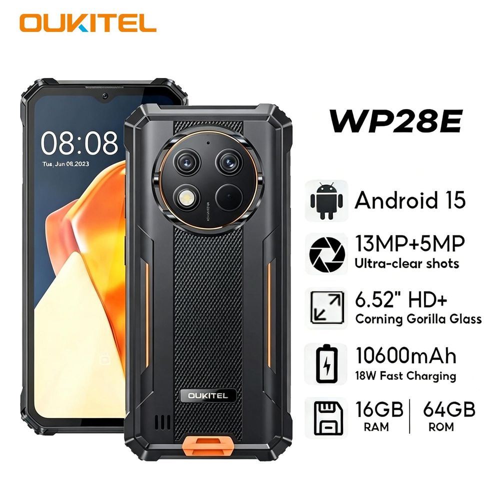 OUKITEL WP28E Rugged Smartphone 10600mAh Battery, 16(4+12)GB RAM/64GB ROM/1TB Expansion, 18W Fast Charging, 13MP Dual Camera, Android 15 Phones, 6.52"HD, IP68/IP69K Waterproof Dustproof Rugged Phone,4G Dual SIM,NFC, Outdoor Industrial Mobile Phone - Orange