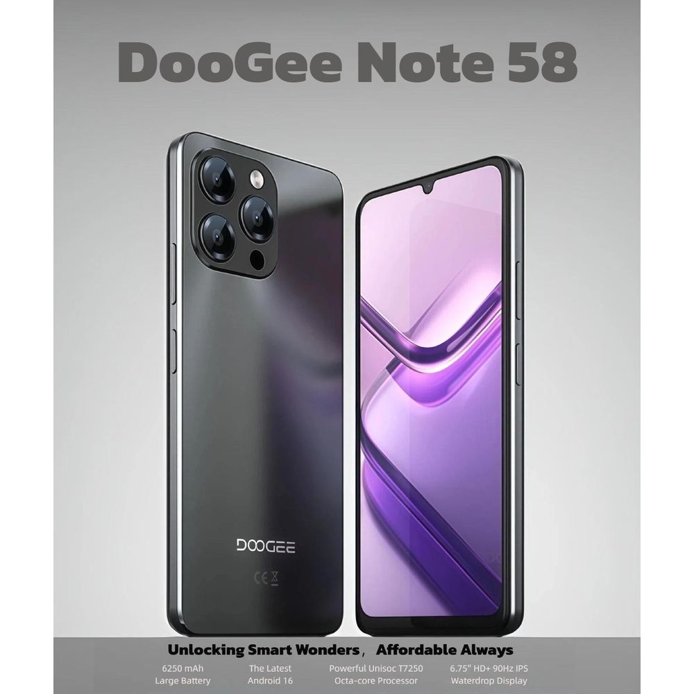 Doogee Local Stock Note58 6.75" iPhone-Style 5G gaming phone, 8-Core Processor, Real 8GB+128GB (2TB Expandable), 16MP+8MP Google AI Lens, 6250mAh Large Battery, FaceUnlock/NFC, Android 16, Black
