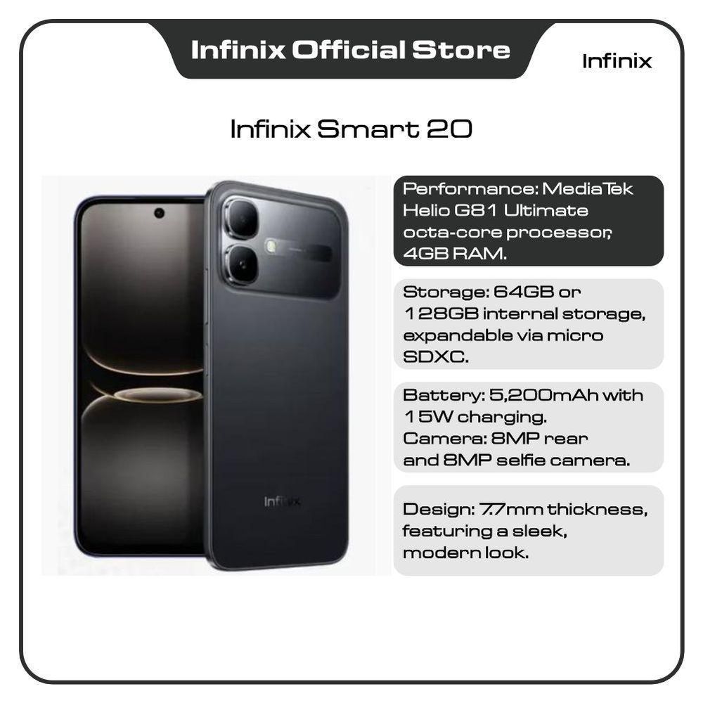 Infinix Smart 20, 6.78", 120Hz Display, MediaTek Helio G81 Ultimate Processor, Extensive 5200mAh Battery, 64gb Rom 4gb Ram, Shadow Black
