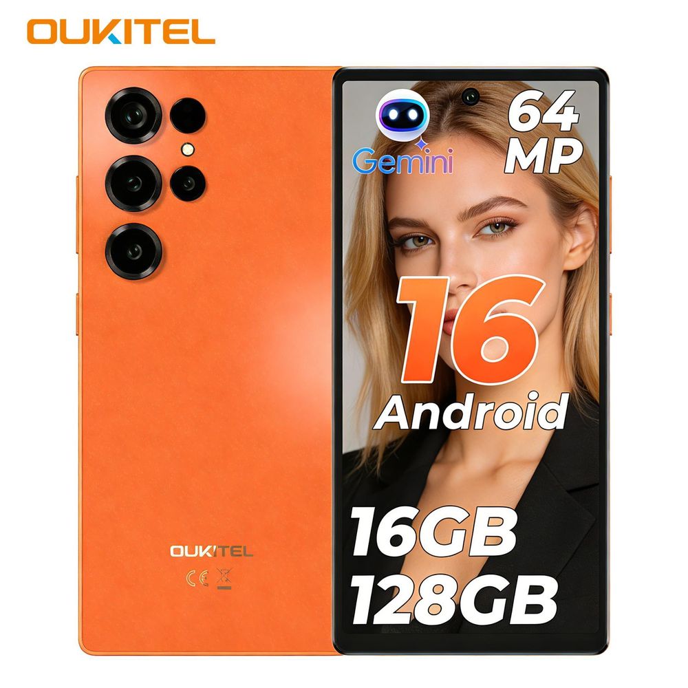 OUKITEL C66 Android 16 Smartphone 6.73"HD, 64MP AI Camera, Gemini AI, 16GB(4GB+12) RAM/128GB ROM, 5000mAh Phone,18W Fast Charging, Bluetooth 5.2, 4G Dual SIM Mobile Phones, Fingerprint/Face ID/NFC/GPS - Orange