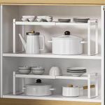 Generic White Adjustable Kitchen Shelf Organizer Expandable Cabinet & Countertop Storage Rack for Plates - image 5