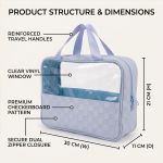 BEAUT4 Large Professional Toiletry Bag - High-Capacity Checkered Makeup Organizer with Clear Window-blue - image 5