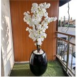 Tall Artificial White Cherry Blossom Tree in Glossy Black Ceramic Planter With free gift 