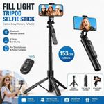 Bluetooth Selfie Stick Tripod with Remote & Fill Light - Black