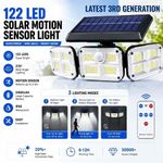 Generic 122 LED Solar Lights Outdoor 3 Head Motion Sensor 270 Wide Angle Illumination Waterproof Remote Control Wall Lamp