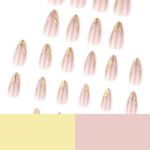 product_image_name-Avsty-Gold French Tip Press on Nails Medium Almond False Nails with Designs 3D Gold Stripe False Nails Glossy Full Cover Stick on Nail Acrylic Artificial Glue on Nail for Women 24 Pcs-3