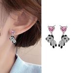 ONIBENZ Elegant Pink Heart Panda Drop Earrings 925 Silver Zirconia Dangle Set