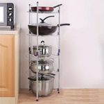 Stainless steel, five-tier kitchen pot and pan organizer rack.