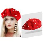 Red Fashionable Pearl Wool Beret Hat Women's Vintage Artist Style Cap Winter Warm Knitted Headwear Versatile Autumn Season Hat