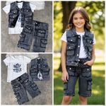 product_image_name-Fashion-Baby Solid Denim Short Sleeve Set Boys and Girls Denim Shirts and Shorts Two Piece Set Simple Casual kids Sportswear up and down -1