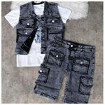 product_image_name-Fashion-Baby Solid Denim Short Sleeve Set Boys and Girls Denim Shirts and Shorts Two Piece Set Simple Casual kids Sportswear up and down -2
