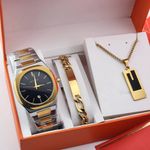 POEDAGAR Highly Sophisticated & Superior Quality Men's Silver/Gold Wristwatch/Necklace/Hand Chain Set
