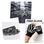 Free Glove with BLACK ONE EYE PIRATE SKELETON SKULL High Quality Genuine Leather Pin Buckle Male Belts 