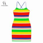 CALLIARA Women's Rainbow Striped Spaghetti Strap Bodycon Mini Dresses for Ladies - image 6