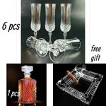 Long Flute Glass Cup + Decanter for Drinks+ Ash Tray__6 cups, 1 Decanter,  1 ash tray