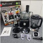 Hoffmans Electronics HM-1279 10-in-1 Multi-Function Food Processor, featuring a 1000W motor base, processing bowl, blending jug, grinding cup, and various slicing/shredding attachments.