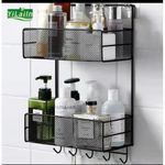 Large Wall-mountable 2-Tier Metal Mesh Bathroom Toiletries Storage Shelf With Hooks